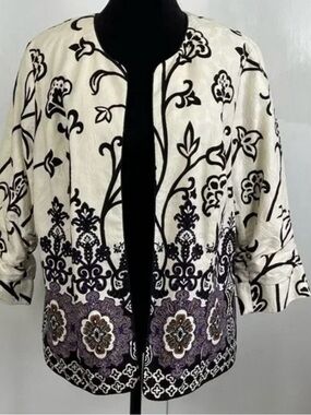 Coldwater Creek Floral Embellished Blazer Womens 10 Cotton Open Front Jacket